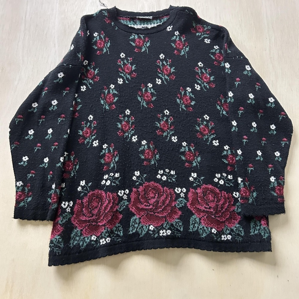 Vintage American Weekend Sweater Womens 2XL Black Crew Neck Rose Tight-Knit